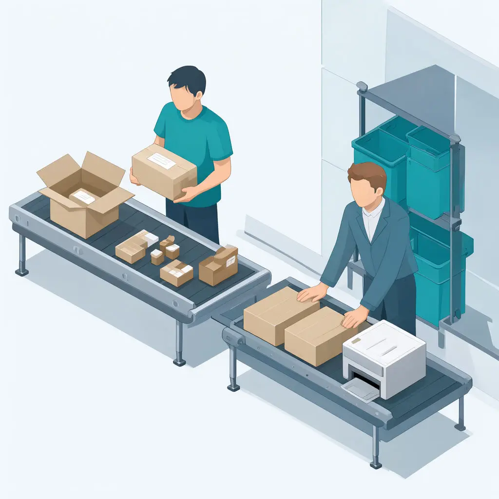 An East Asian worker holds a parcel as a European worker stands beside stacked boxes.