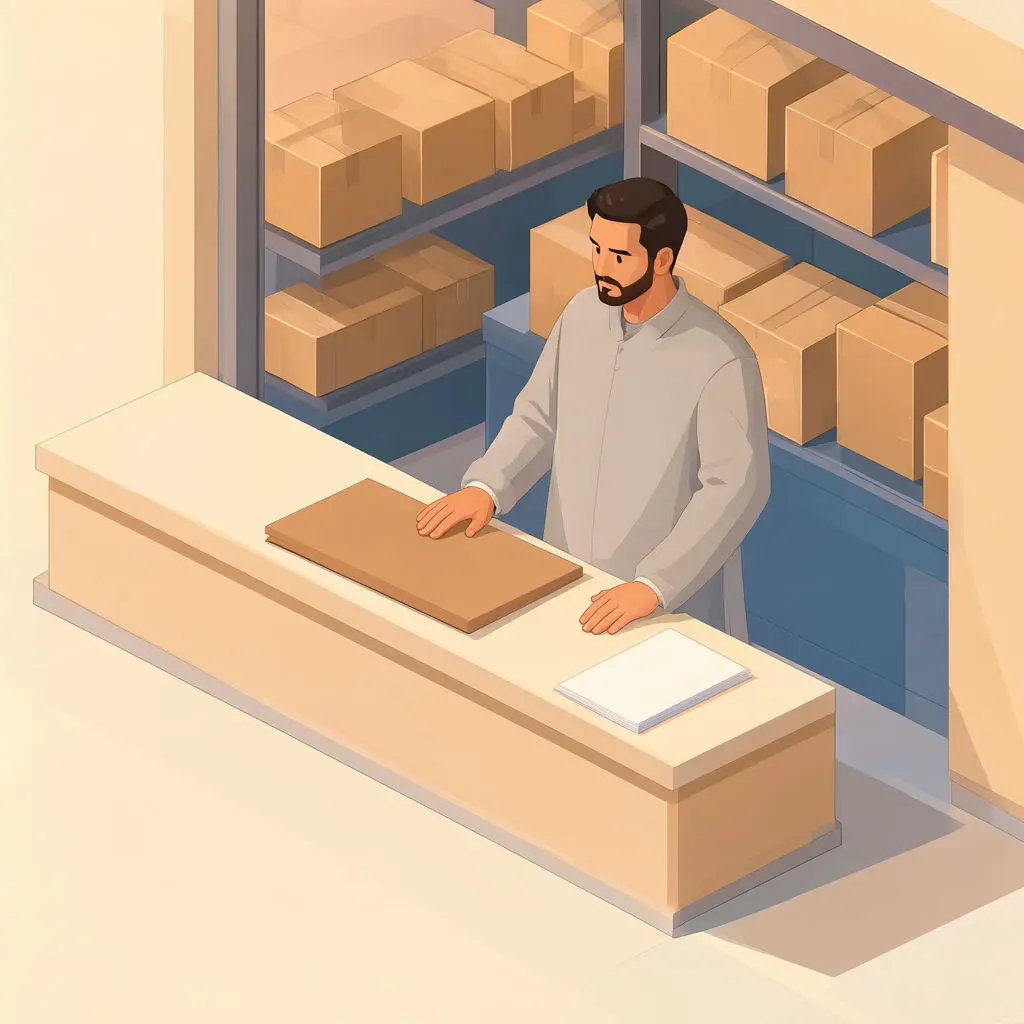 A Middle Eastern seller rests both hands by edge-on papers and parcels at a storefront counter.
