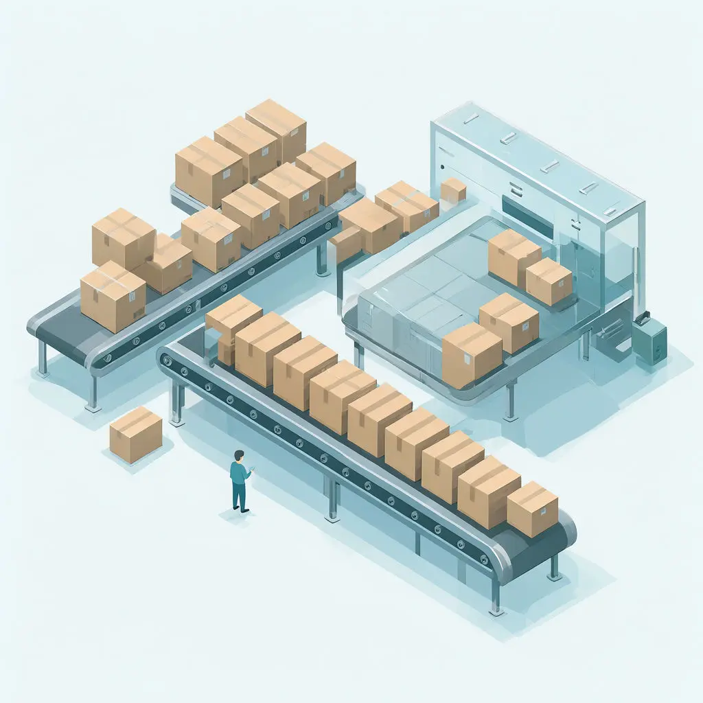 A worker, boxes on conveyor belts, and an enclosed machine appear in an isometric warehouse.