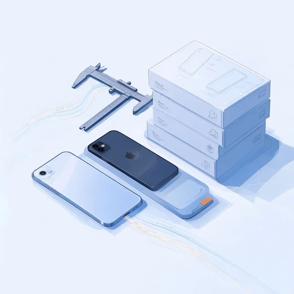 Two smartphones, dark and light, lie near a caliper and stacked boxes on a pale blue surface.
