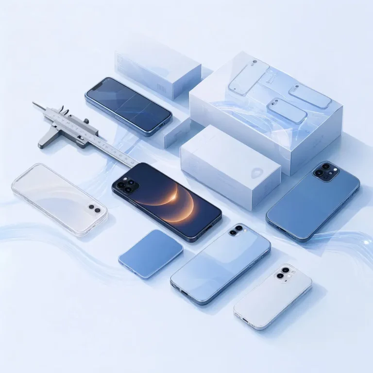 Several phones, cases, boxes, and a caliper lie on a pale blue surface during a product check.