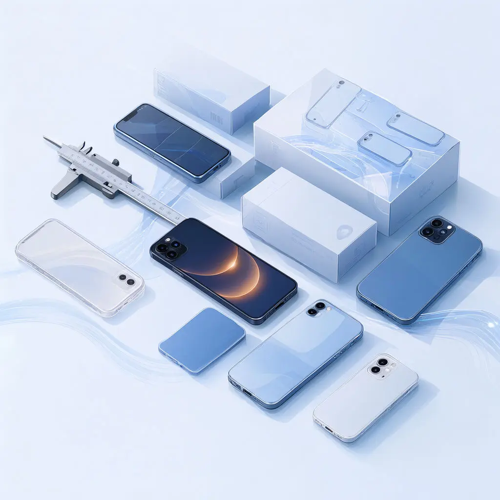 Several phones, cases, boxes, and a caliper lie on a pale blue surface during a product check.
