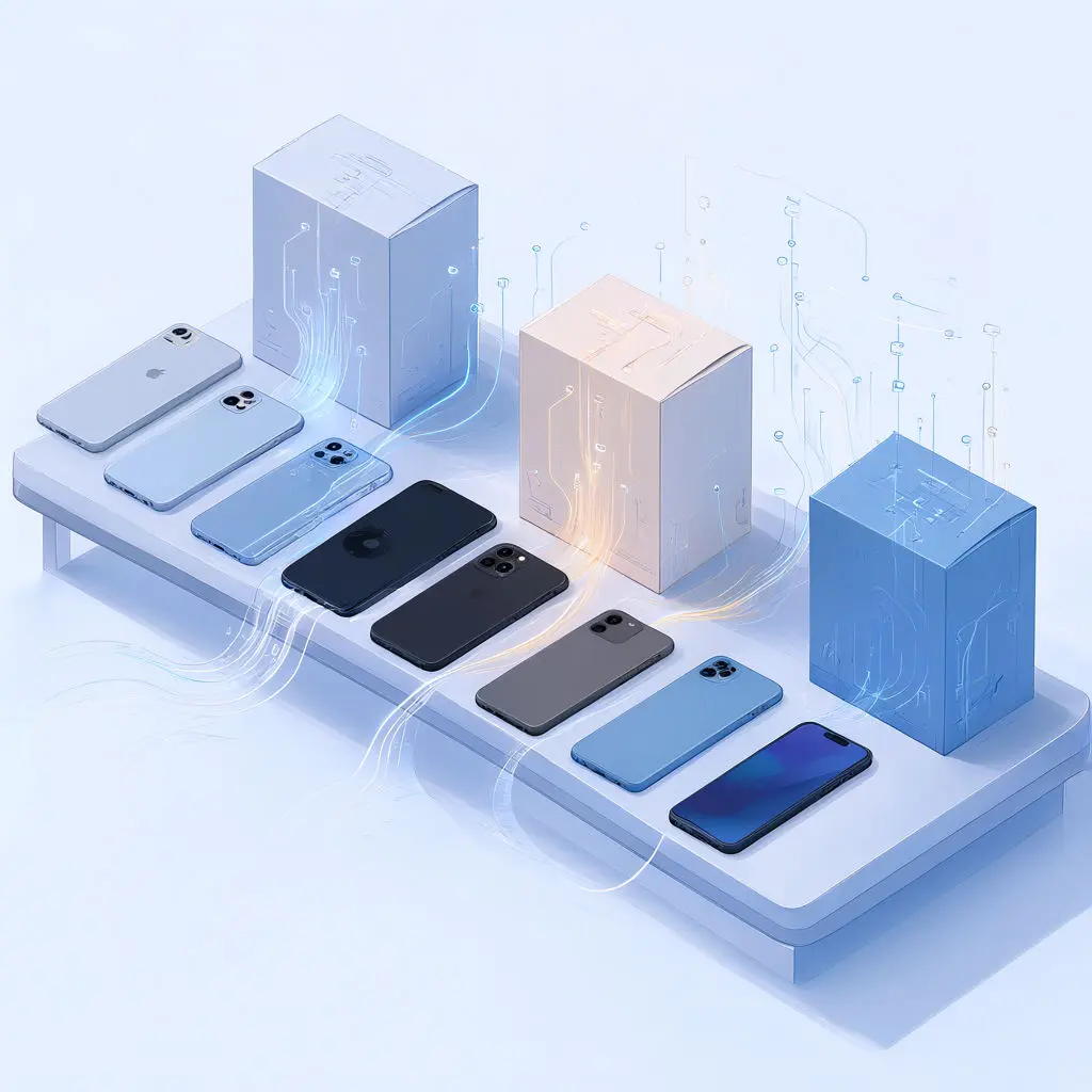 Smartphones and boxes sit on a white tiered platform with glowing blue and orange lines.