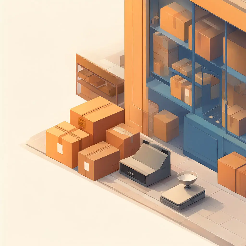 Cardboard boxes sit near glass shelves, a counter register, and a scale with a shallow bowl.