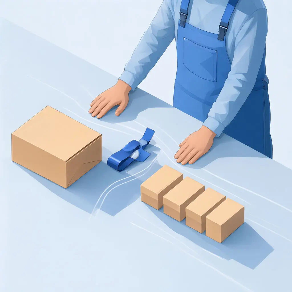 A Hispanic seller stands beside product boxes with both hands flat on a packing table.