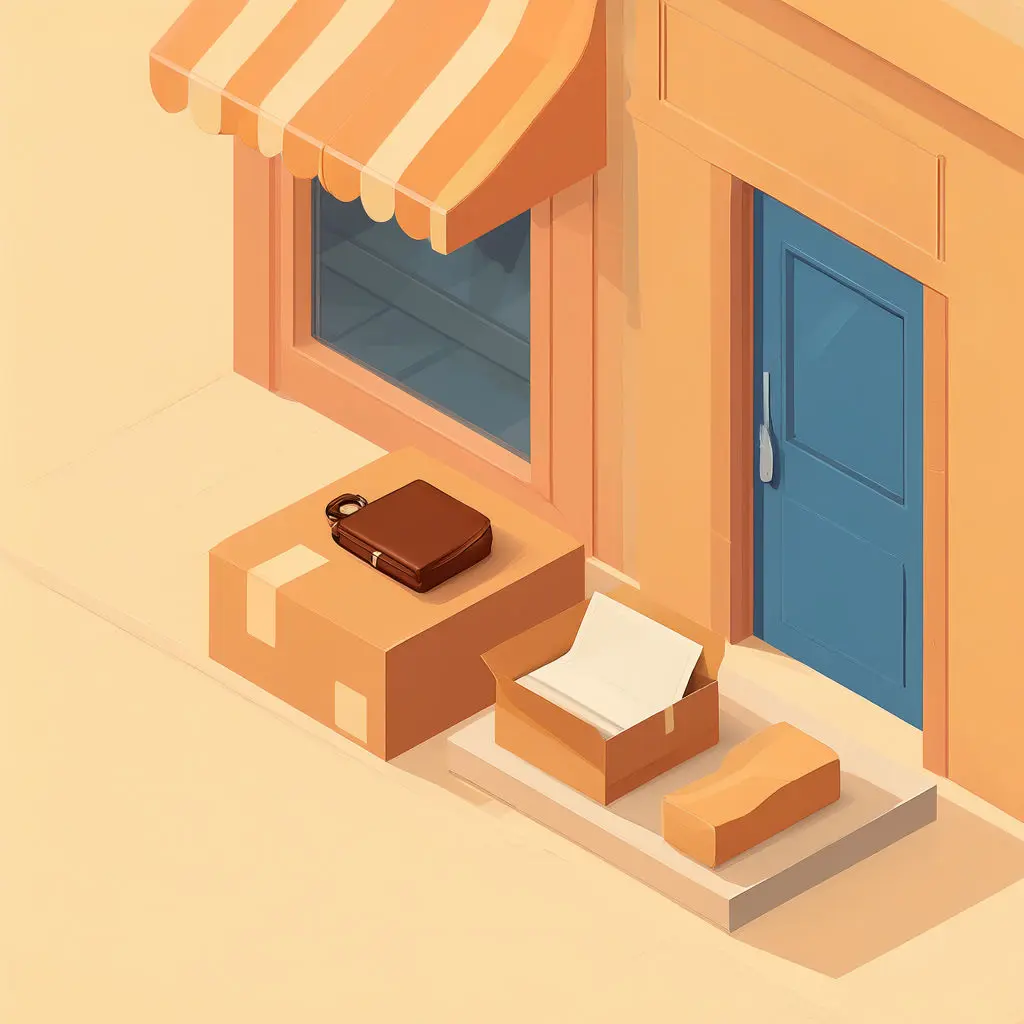 An isometric storefront has a blue door, orange awning, window, boxes, and a pouch outside.