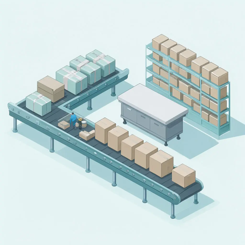 Warehouse conveyor belts move cardboard inventory near shelves, a worker, and a table.