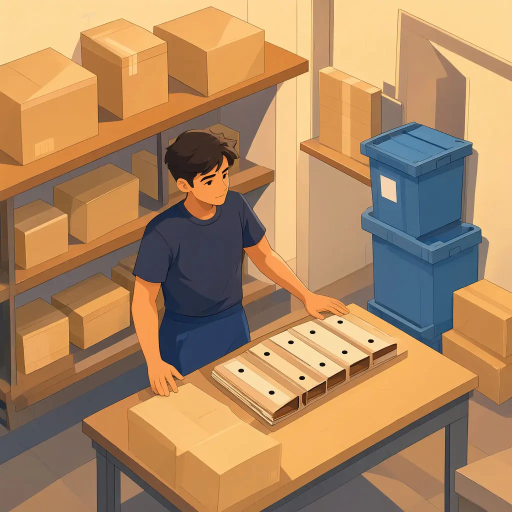 In a storeroom, a Hispanic shop owner rests both hands beside edge-on folders and plain parcels.