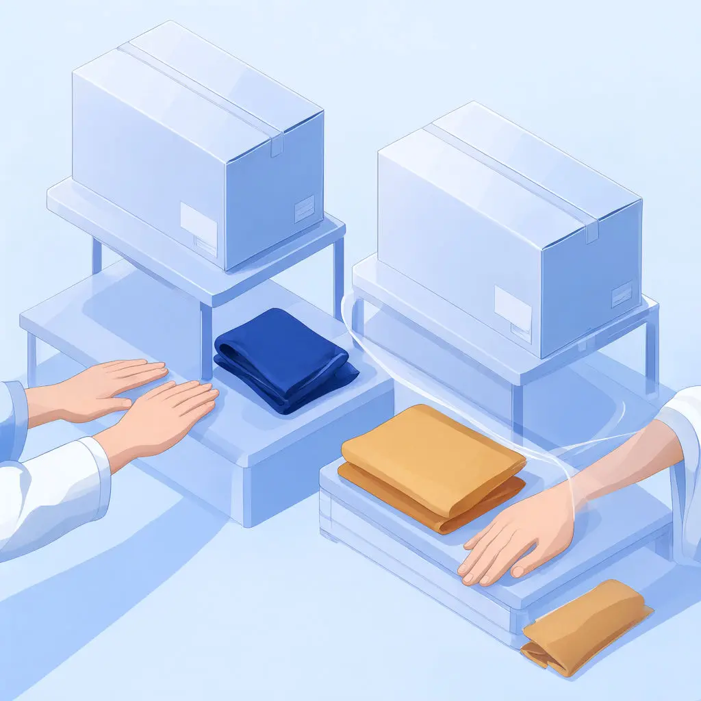 An East Asian seller stands between shelves of identical blank product boxes.