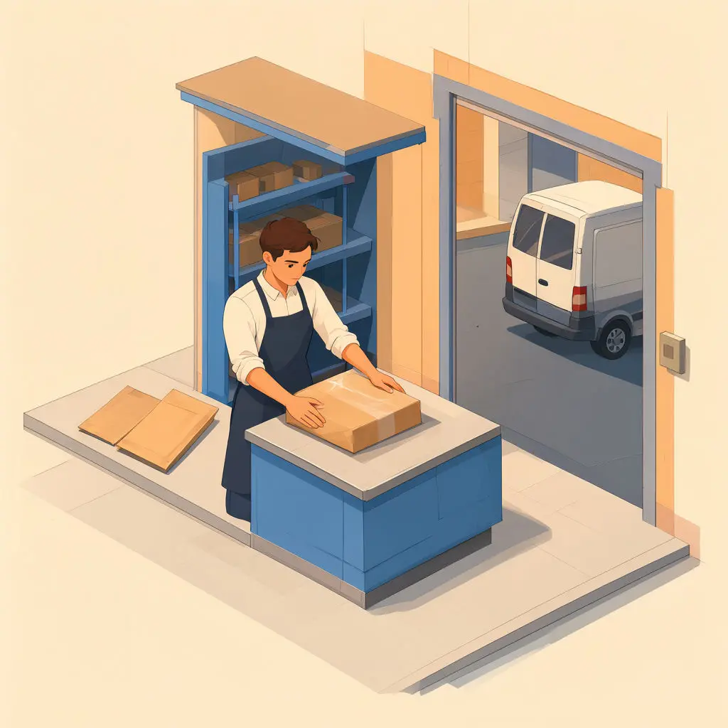At a storefront counter, a Caucasian seller rests both hands on a parcel near a folder and van.