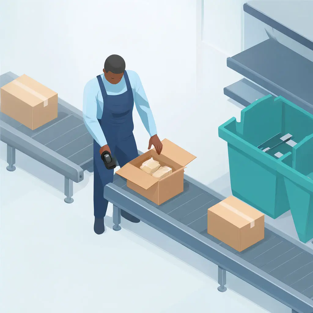 A Black packer holds a scanner beside an open carton of items at a warehouse bench.