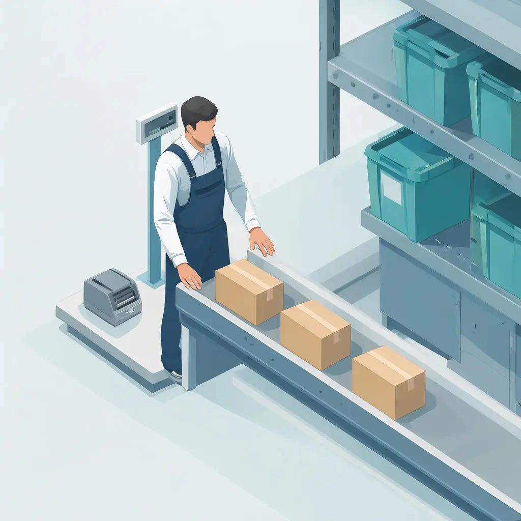A Hispanic worker rests both hands on a bench beside a parcel scale, printer, and plain boxes.