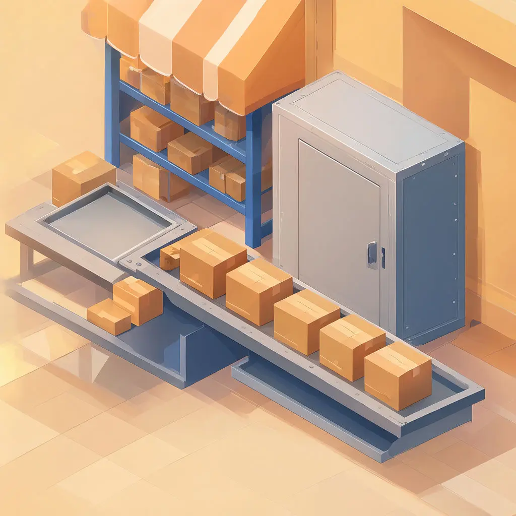 Cardboard boxes on a conveyor and tray beside a cabinet and shelving under a striped canopy.