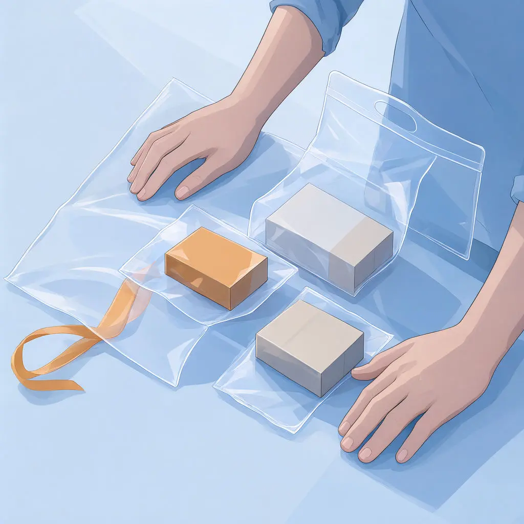 Through clear packaging sleeves, a seller examines several small blank boxes.
