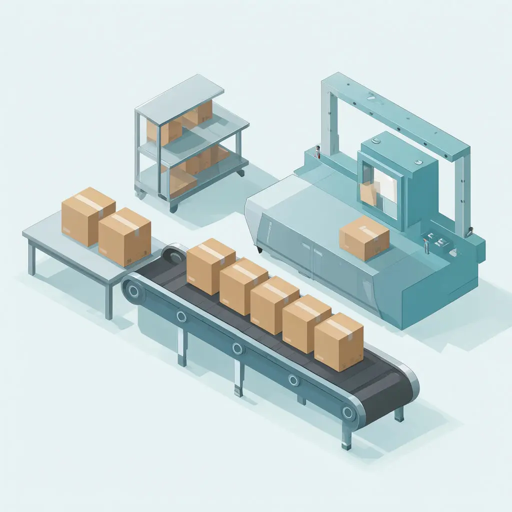Tiny workers stand near a teal machine as inventory syncs through a conveyor of boxes.