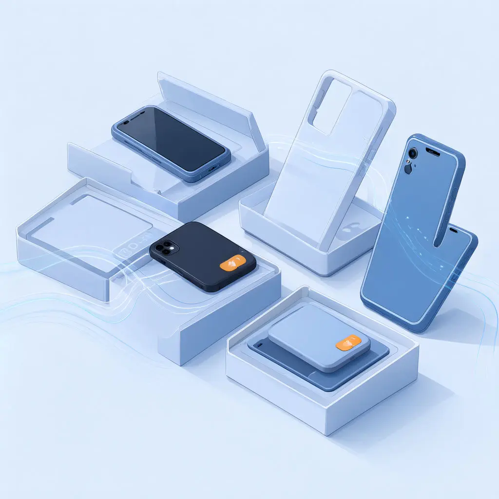 A pale blue product display shows phones, cases, and open packaging with faint glowing lines.