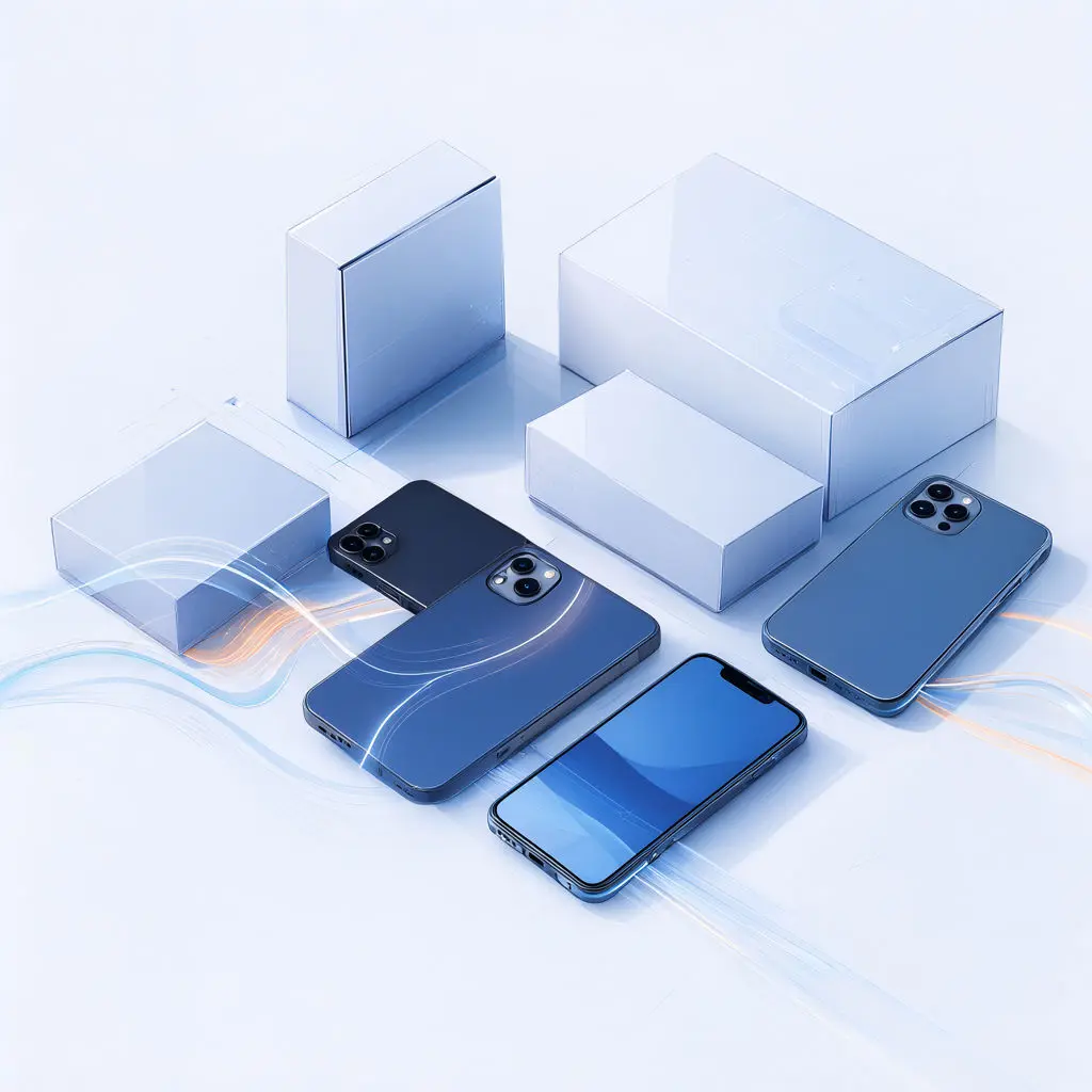 Four smartphones and white product boxes rest on a pale surface with blue and orange light trails.