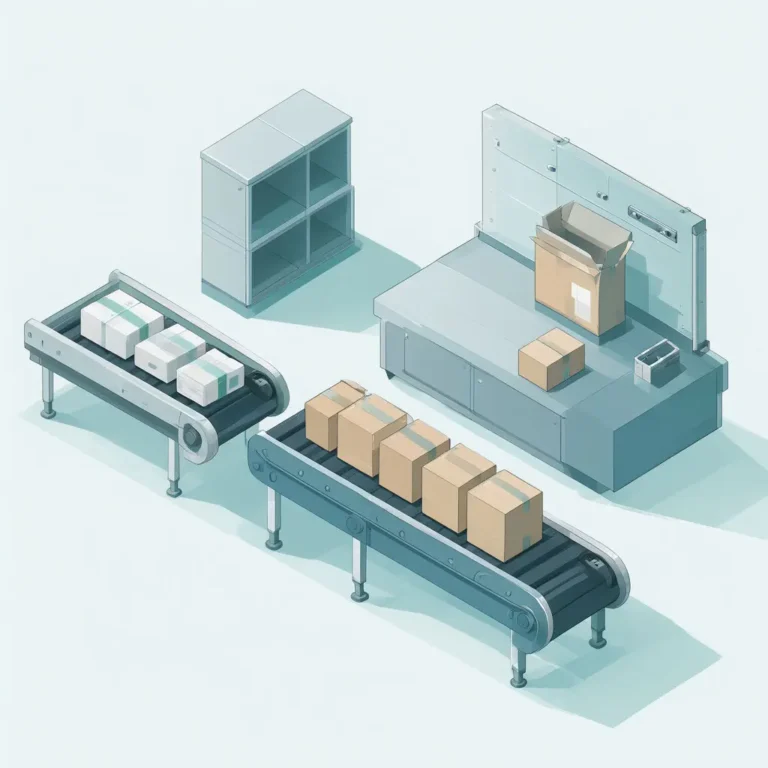 Two conveyors move brown and white inventory boxes past a table and shelves.