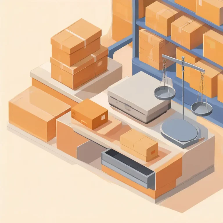 Orange shipping boxes on shelves beside a packing table and a balance scale for duty accuracy.