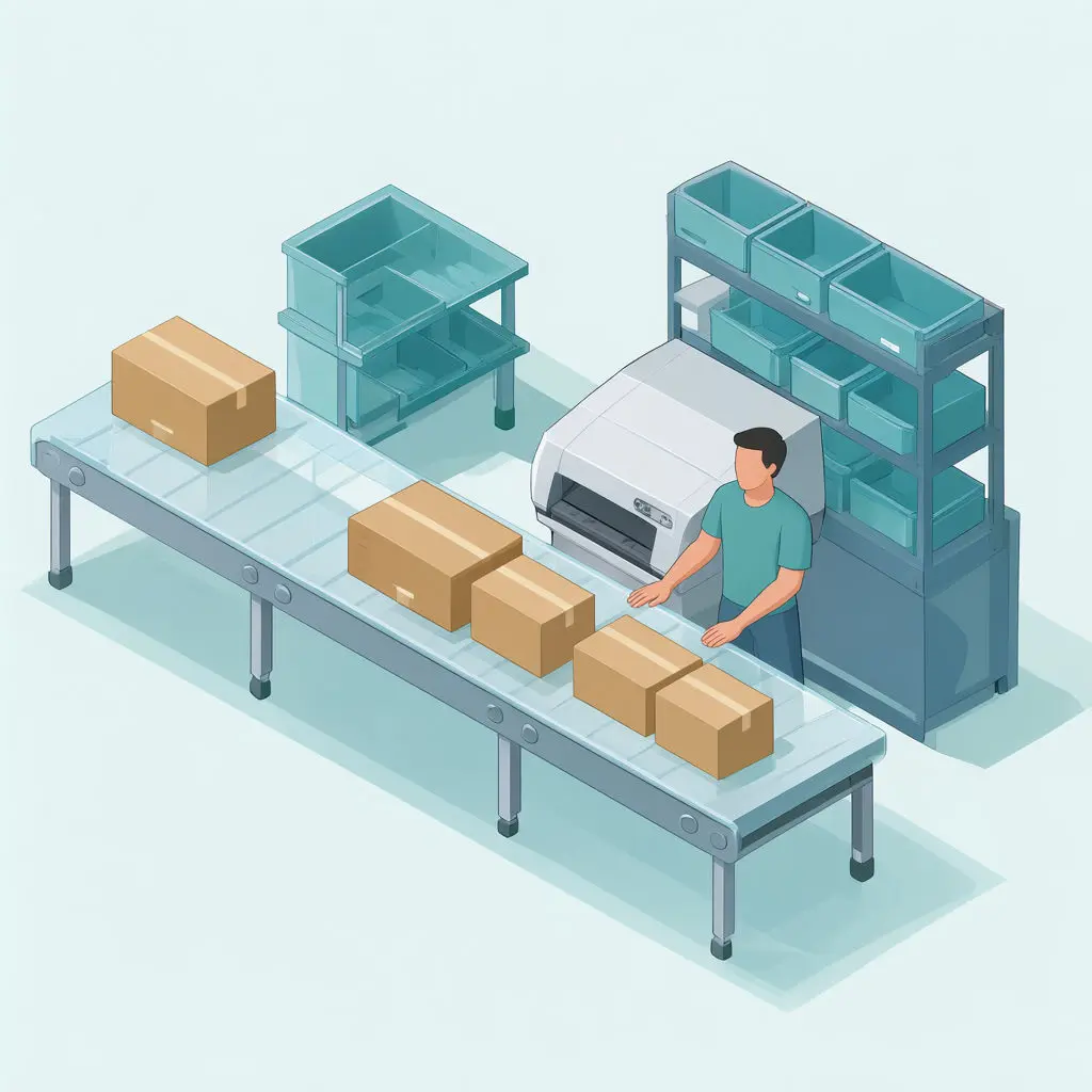 A Middle Eastern worker stands by a parcel printer and stacked cartons beside a conveyor.