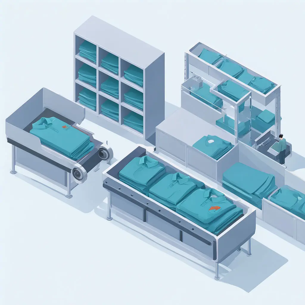 Folded teal shirts move along gray belts, and a small figure stands near shelving units.