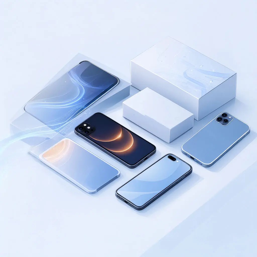 Several AI smartphones and product boxes are arranged in a fact check on a pale surface.