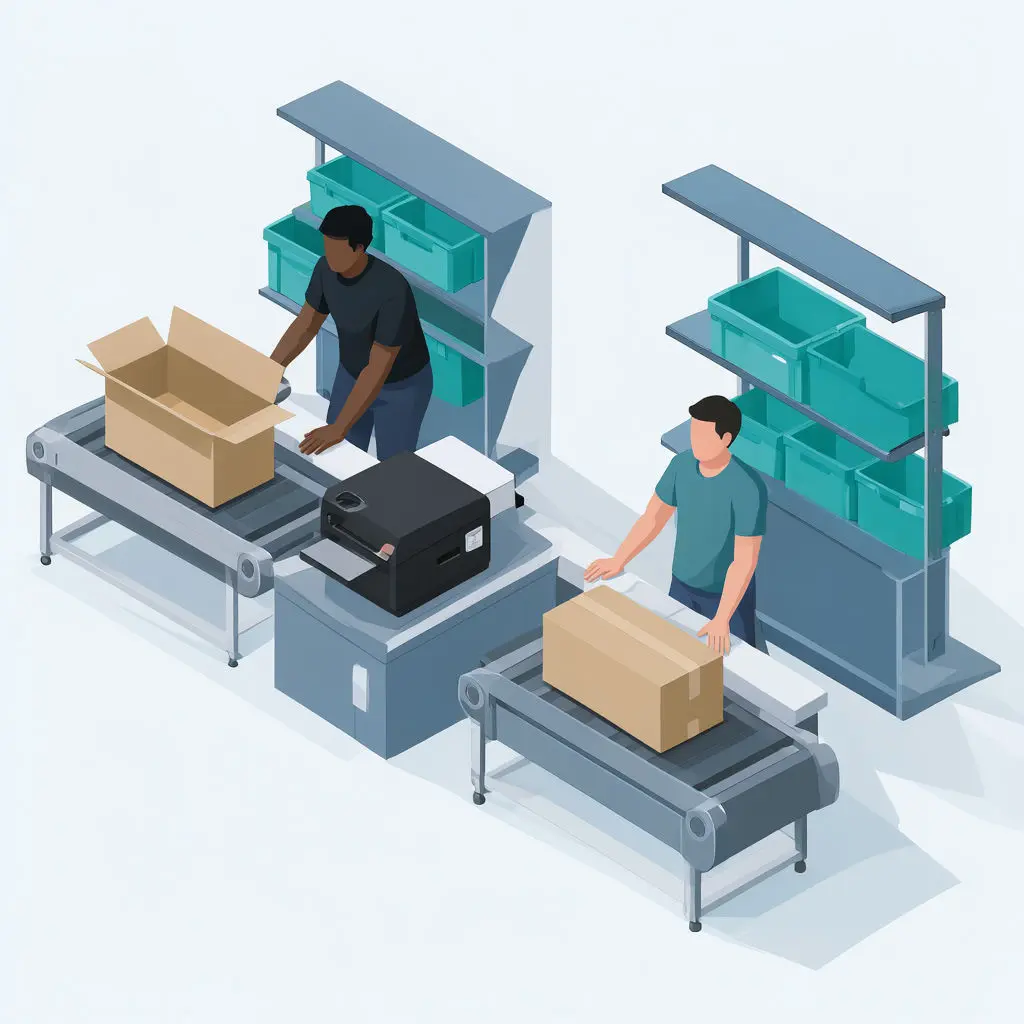 A Black worker and a Hispanic worker stand at packing benches beside cartons and a printer.
