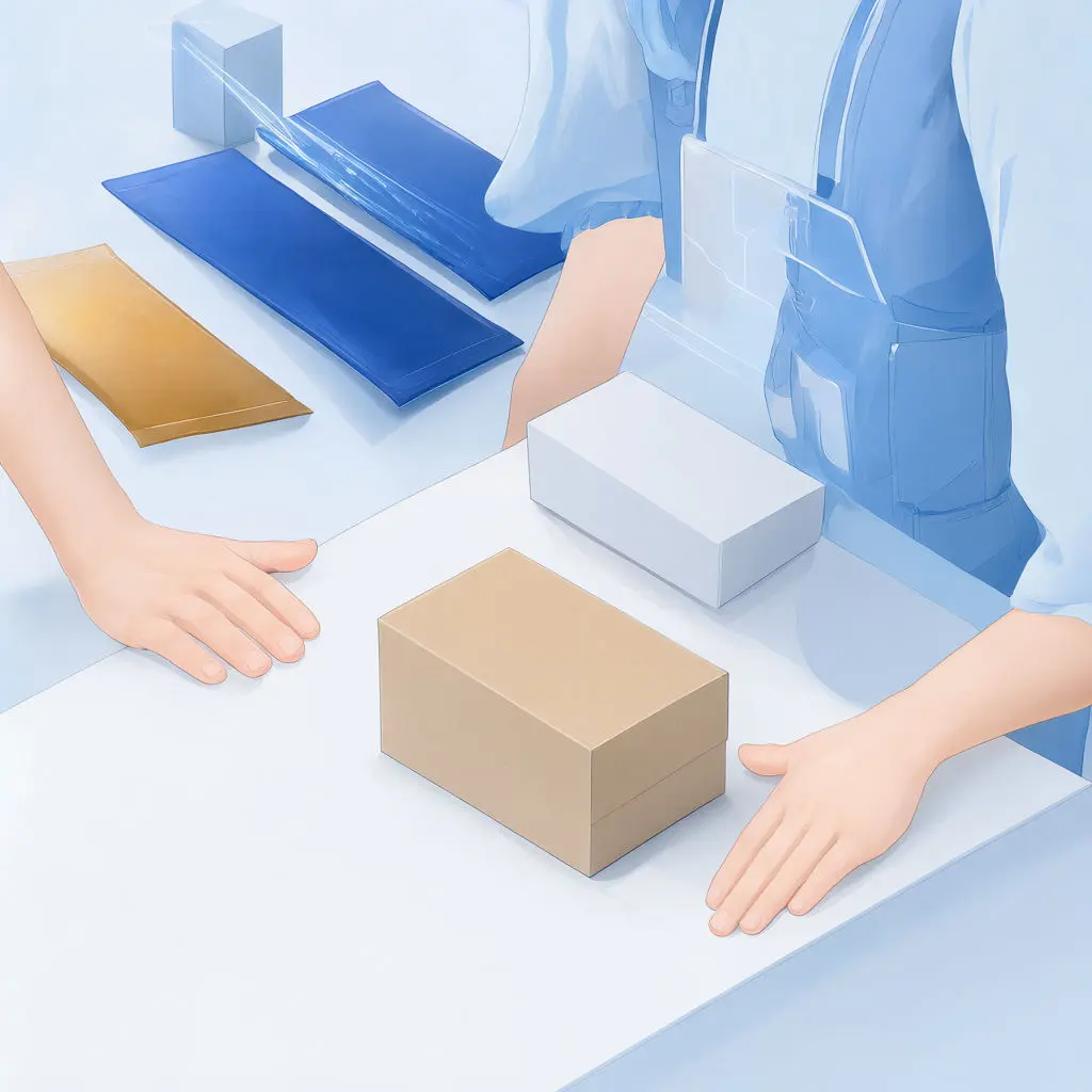 Beside a blank box, a seller stands at a table with matching boxes and folded sleeves.