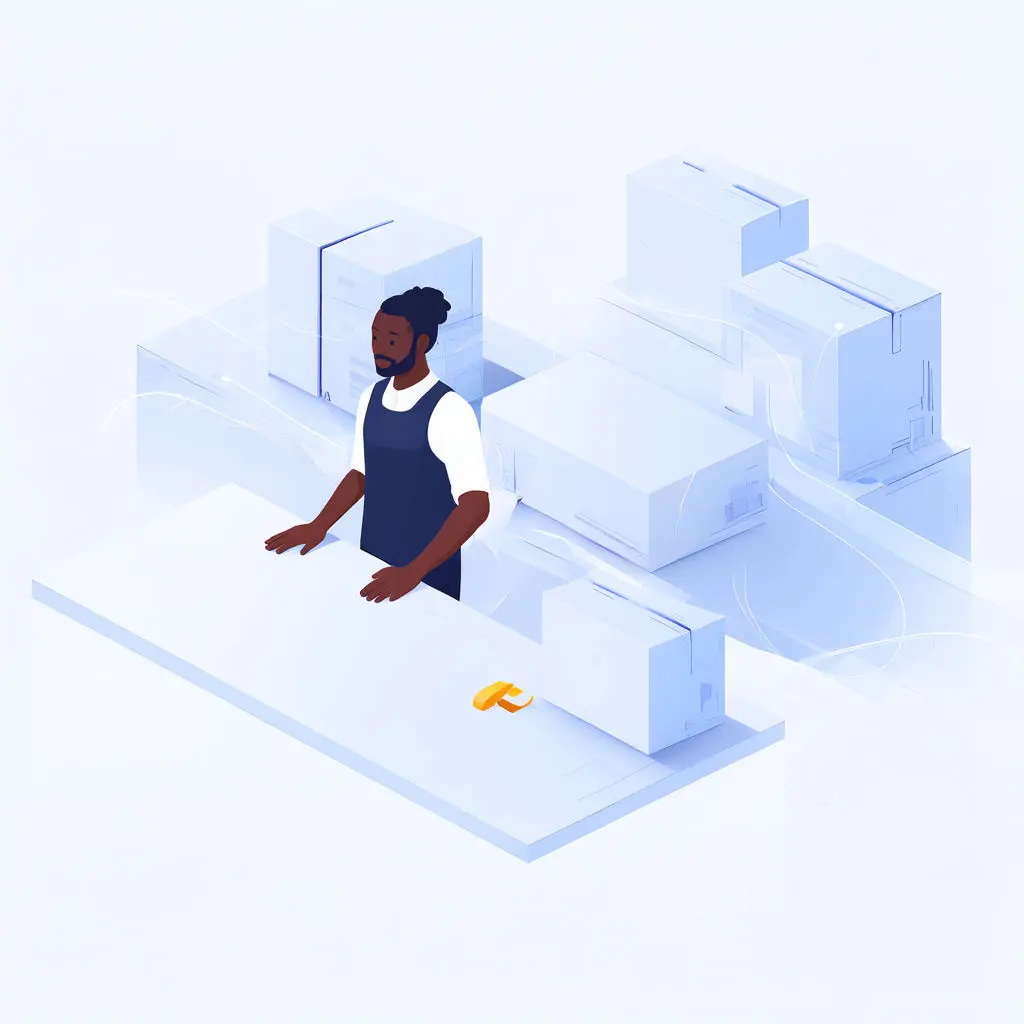A Black seller stands beside an unmarked box centered on a white platform.