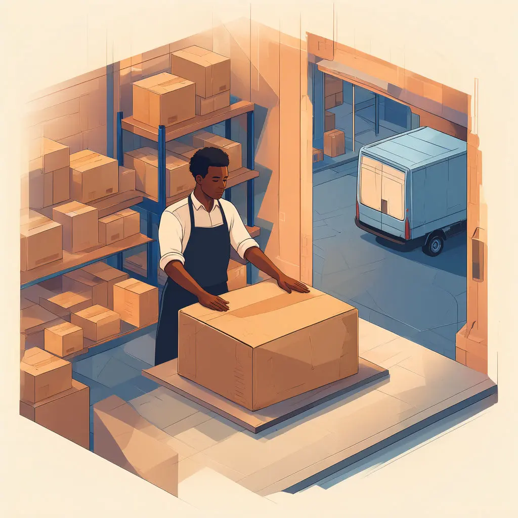 Inside a warehouse, a Black seller rests both hands on a parcel near a delivery van.